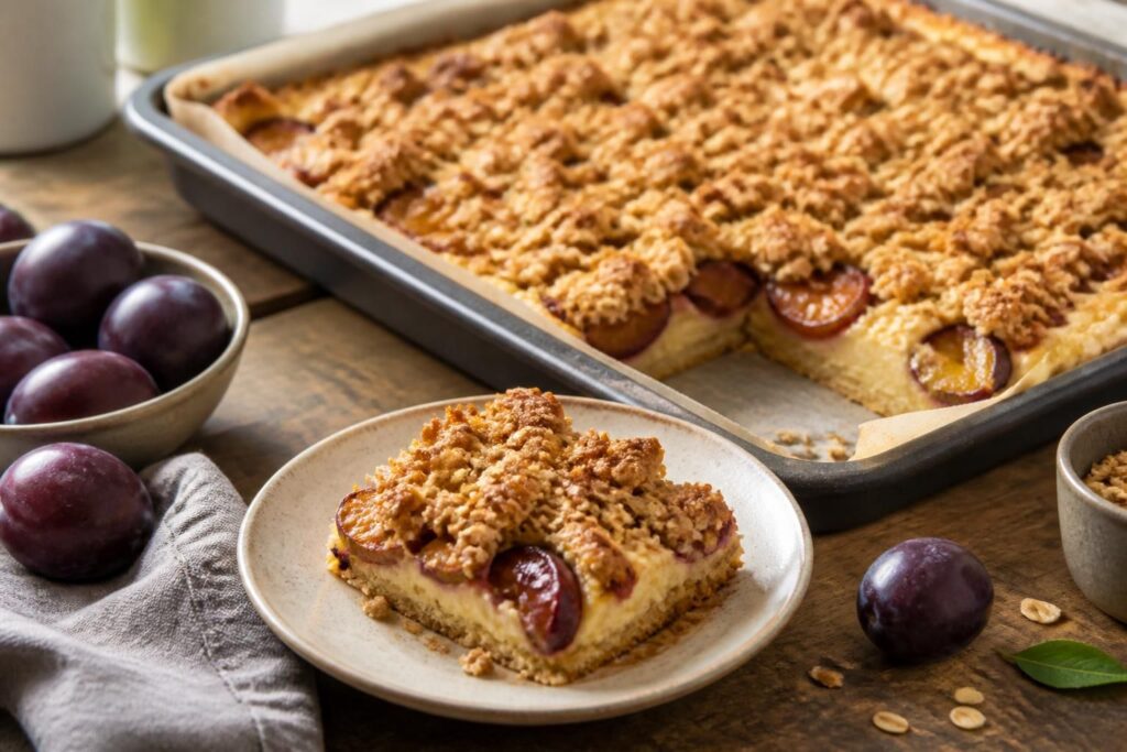 Pflaumen-Pudding-Crumble vom Blech mit goldenen Haferflocken-Streuseln auf einem Backblech, serviert mit Puderzucker bestäubt