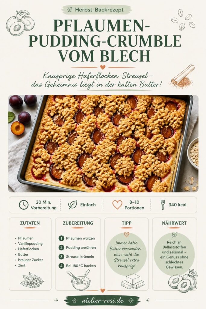 Pflaumen-Pudding-Crumble vom Blech mit knusprigen Haferflocken-Streuseln – Pinterest-Bild