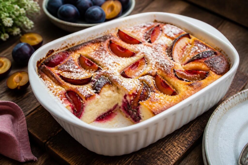 Pflaumen-Quark-Auflauf ohne Mehl in einer Auflaufform, goldbraun gebacken, mit frischen Pflaumenhälften als Topping, auf einem hellen Holztisch