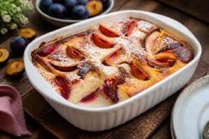 Pflaumen-Quark-Auflauf ohne Mehl in einer Auflaufform, goldbraun gebacken, mit frischen Pflaumenhälften als Topping, auf einem hellen Holztisch