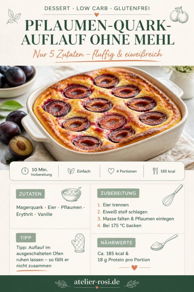 Pflaumen-Quark-Auflauf ohne Mehl – Pinterest-Bild mit Zutaten und Schritten