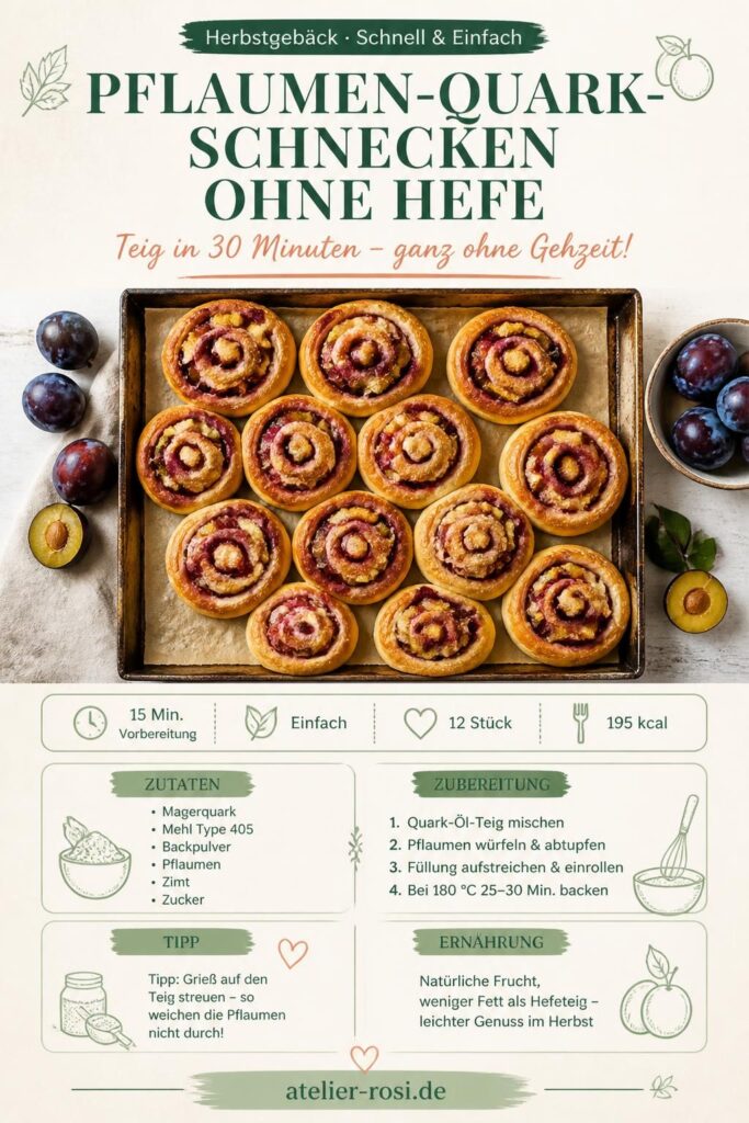 Pflaumen-Quark-Schnecken ohne Hefe auf einem Backblech, goldbraun gebacken, mit Zimtzucker und Glasur