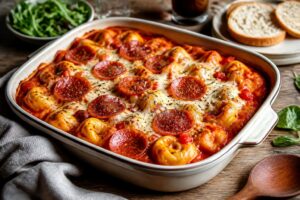 Pizza-Tortellini-Auflauf aus dem Ofen mit Mozzarella, Salami und Tomatensauce, goldbraun überbacken in einer Auflaufform
