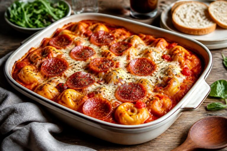 Pizza-Tortellini-Auflauf aus dem Ofen mit Mozzarella, Salami und Tomatensauce, goldbraun überbacken in einer Auflaufform