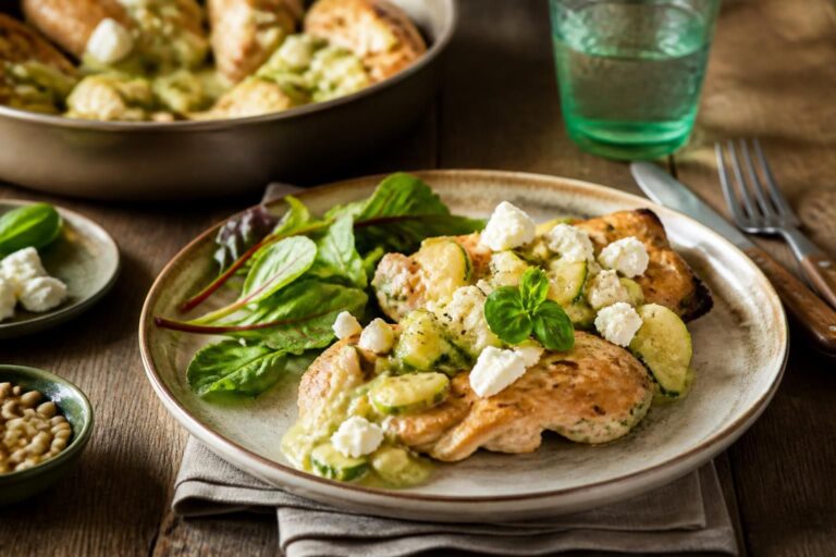 Putenpfanne mit fruchtiger Zucchini-Soße und Ziegenkäse in einer Pfanne, serviert mit Penne und frischen Kräutern
