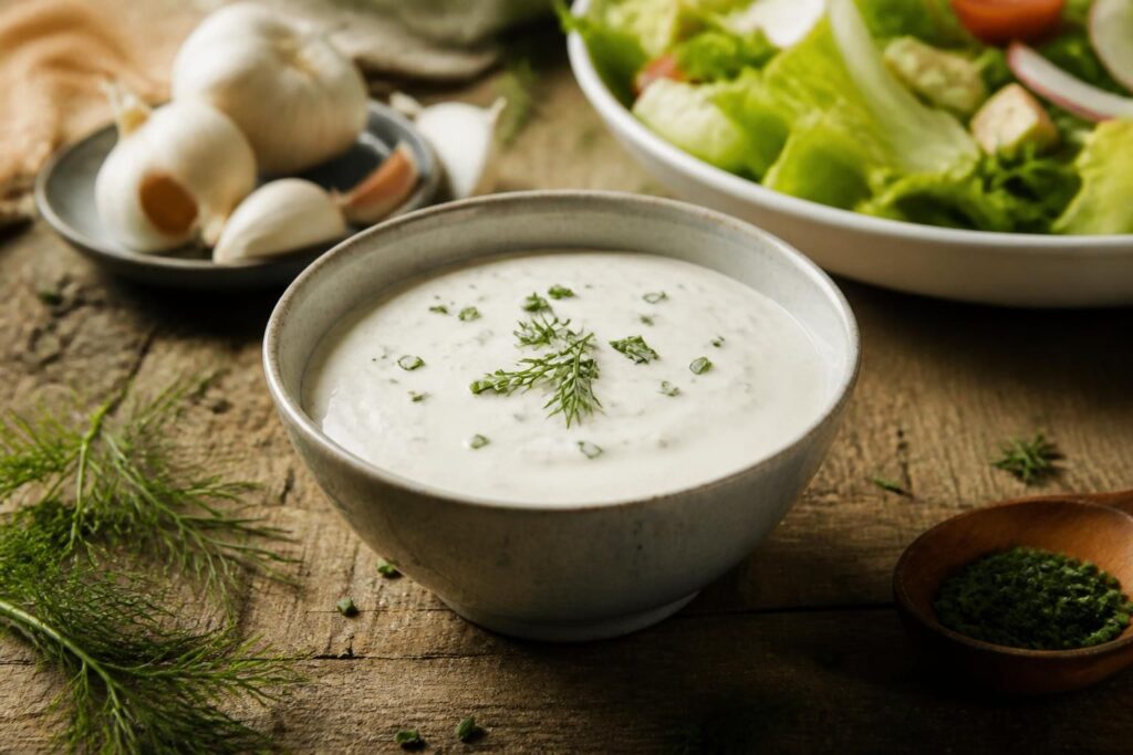 Selbstgemachtes Ranch-Dressing in einem Glas, garniert mit frischem Schnittlauch und Dill, daneben Gemüsesticks auf einem Holzbrett