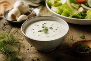 Selbstgemachtes Ranch-Dressing in einem Glas, garniert mit frischem Schnittlauch und Dill, daneben Gemüsesticks auf einem Holzbrett