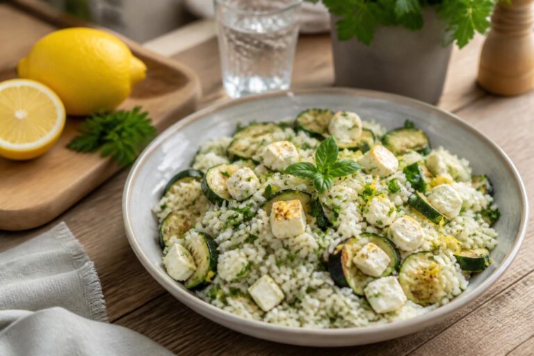 Kalter Reissalat mit Zucchini und Feta in einer großen Salatschüssel, garniert mit frischer Minze und Zitronenscheiben, auf einem hellen Holztisch