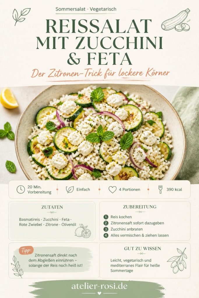Pinterest-Pin: Kalter Reissalat mit Zucchini und Feta auf einem Holztisch, mit Zitronen und frischer Minze garniert