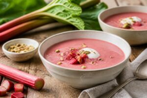 Rhabarber-Kaltschale in einer weißen Schüssel, garniert mit frischen Erdbeeren und Minze, auf einem hellen Holztisch