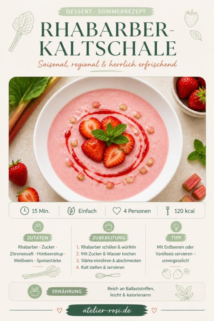 Rhabarber-Kaltschale in einer weißen Schüssel mit frischen Erdbeeren – Pinterest-Rezeptkarte von atelier-rosi.de