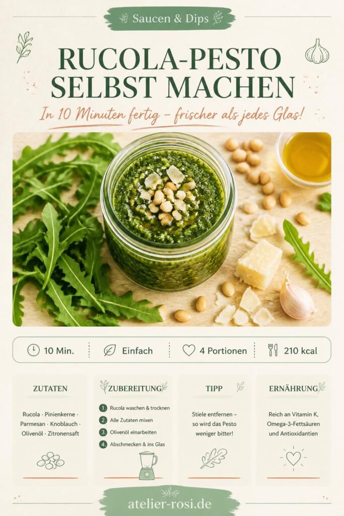 Rucola-Pesto selbst machen – Pinterest-Pin mit Rezept, Zutaten und Tipps
