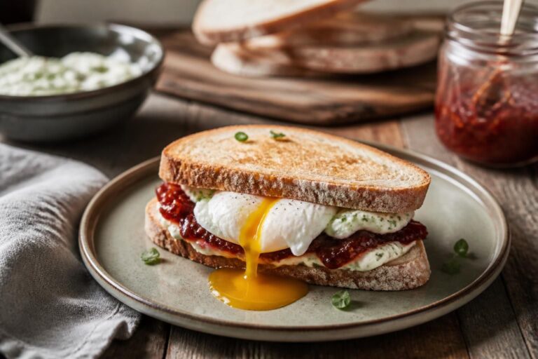 Sandwich mit Tomatenmarmelade, pochiertem Ei und Knoblauchcreme auf Sauerteigbrot, serviert auf einem Holzbrett mit verlaufendem Eigelb