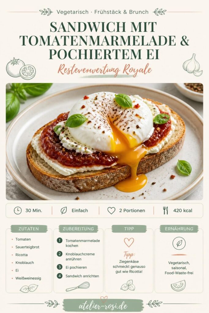 Sandwich mit Tomatenmarmelade, pochiertem Ei und Knoblauchcreme auf Sauerteigbrot, Rezept-Pin für Pinterest