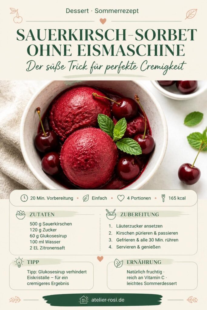 Sauerkirsch-Sorbet ohne Eismaschine – rubinrote Kugeln in weißer Schale, garniert mit Minze