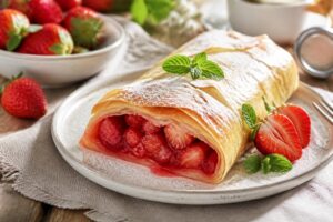 Schneller Erdbeer-Strudel mit Fertigteig, goldbraun gebacken, mit Puderzucker bestäubt und frischen Erdbeeren auf einem Holzbrett