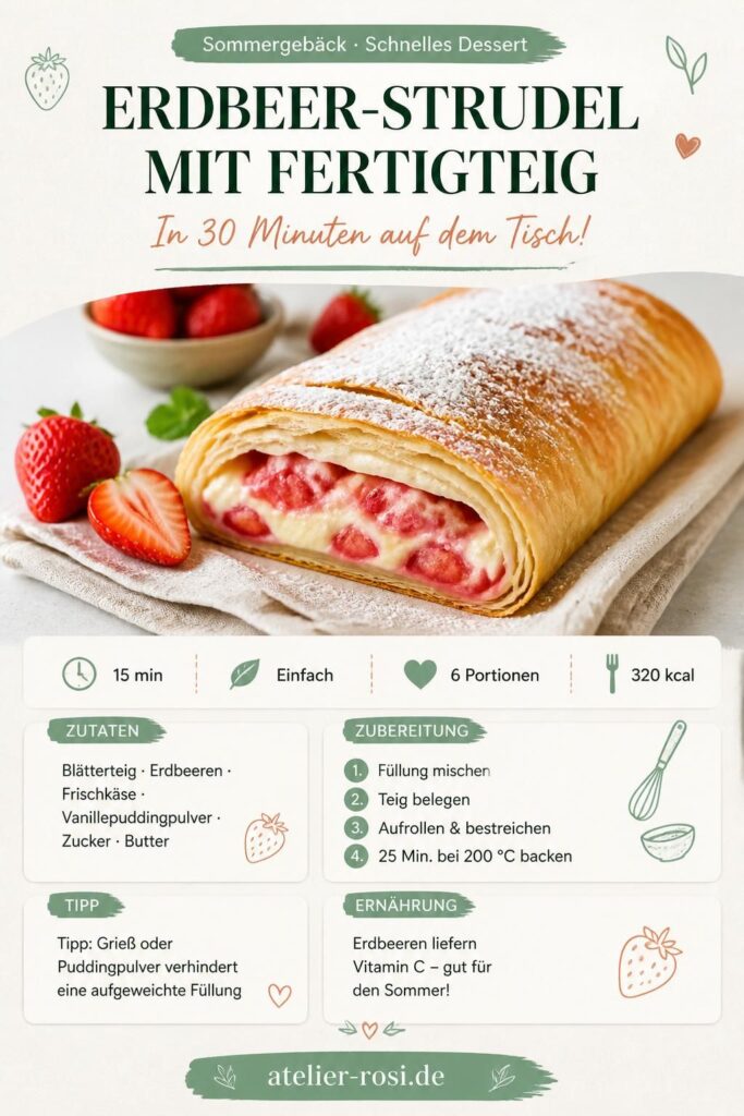 Schneller Erdbeer-Strudel mit Fertigteig, goldbraun mit Puderzucker bestäubt – Pinterest Rezeptkarte