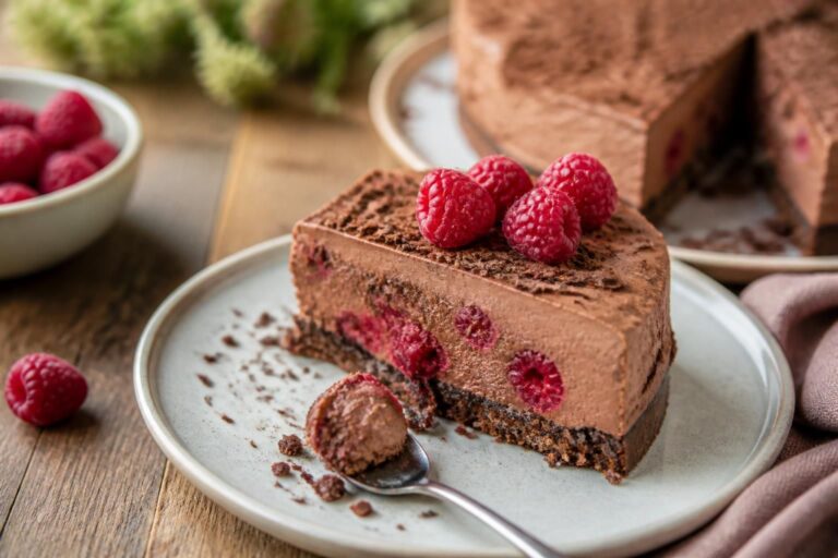 Schoko-Himbeer-Kühlschrankkuchen ohne Backen auf einem Holzbrett, mit löffelfester Himbeercreme und frischen Himbeeren als Topping