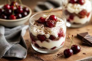 Geschichtetes Schoko-Kirsch-Dessert im Glas mit Zartbitterschokolade, Sauerkirschen und Schlagsahne, dekoriert mit Schokostreuseln