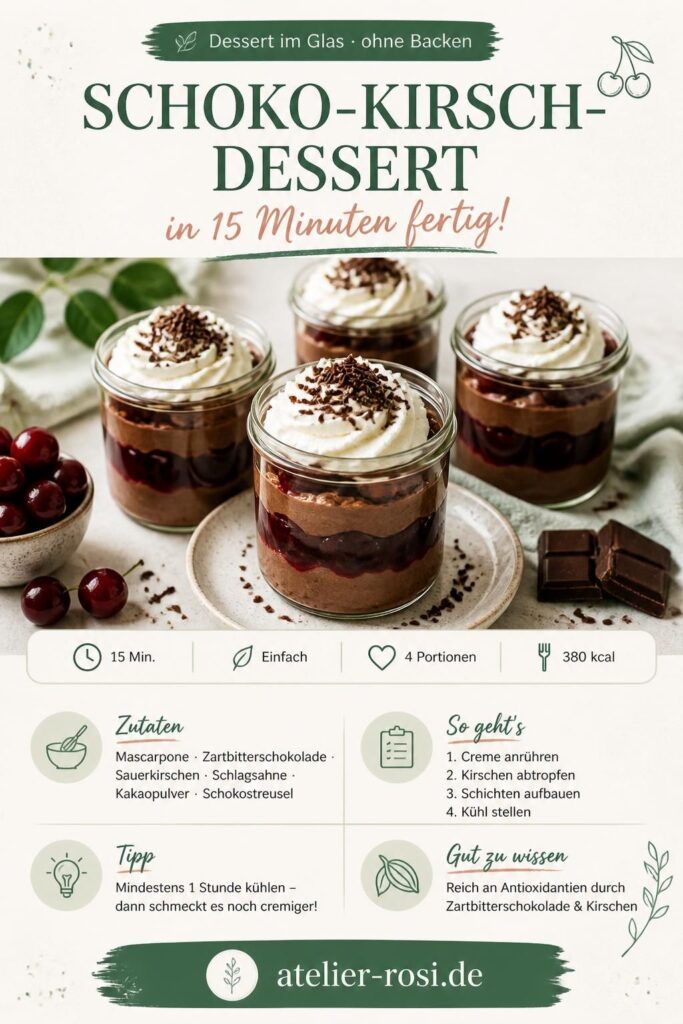 Schoko-Kirsch-Dessert im Glas mit Schokostreuseln und Sauerkirschen, Pinterest-Bild