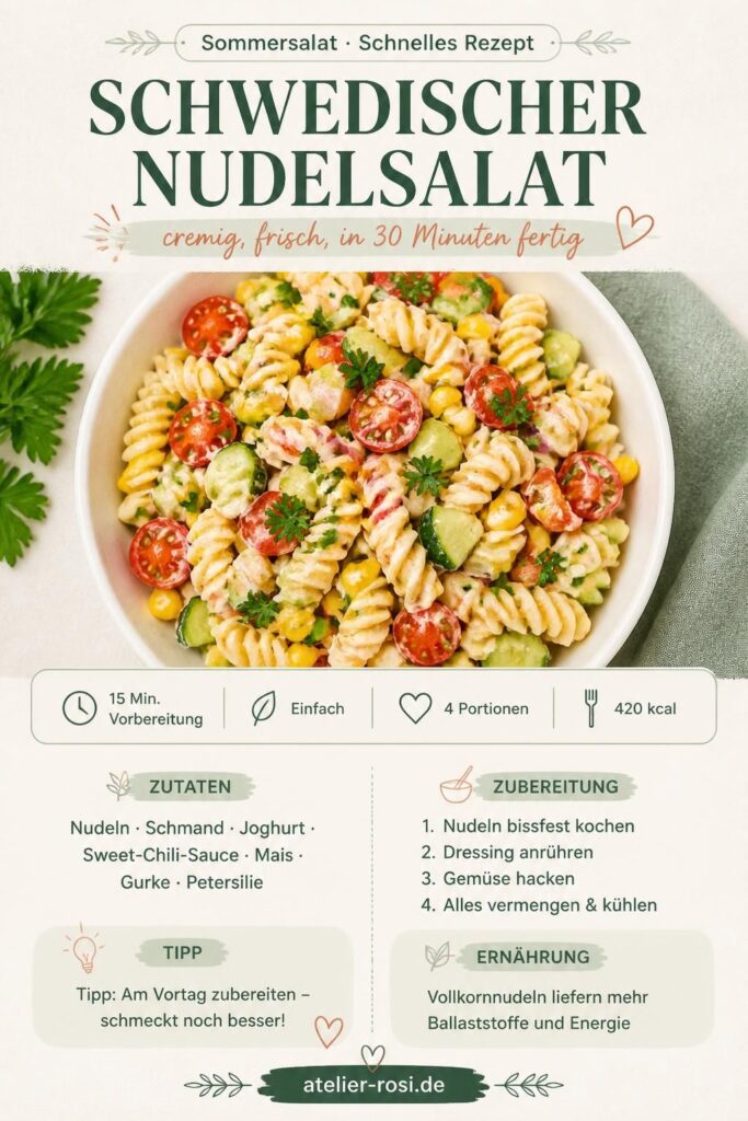 Schwedischer Nudelsalat mit Sweet-Chili-Dressing, Mais und frischer Petersilie – Pinterest-Rezeptkarte