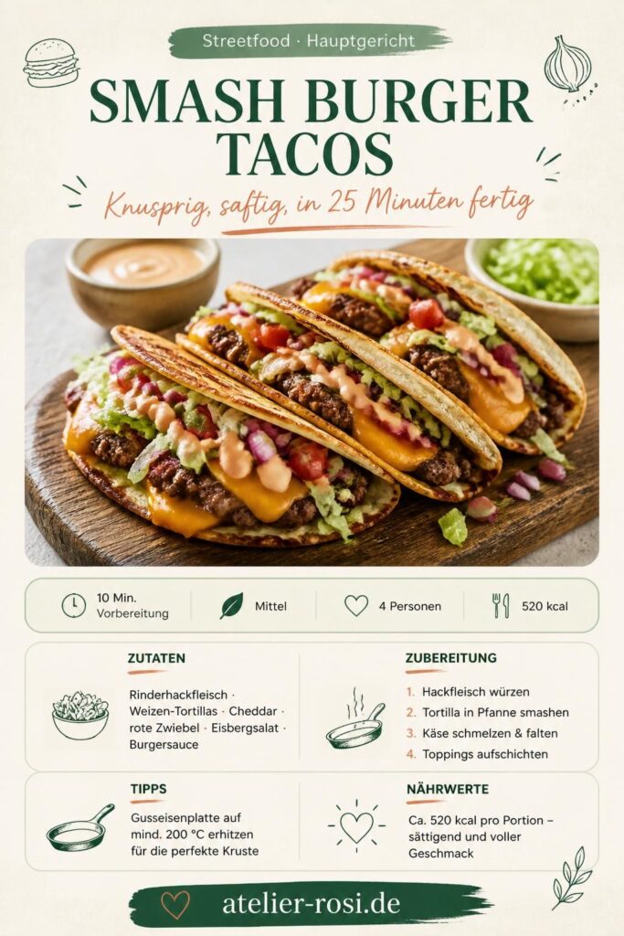 Smash Burger Tacos Rezept – gefaltete Tortillas mit Smash-Patty, Cheddar und Burgersauce auf einem Holzbrett