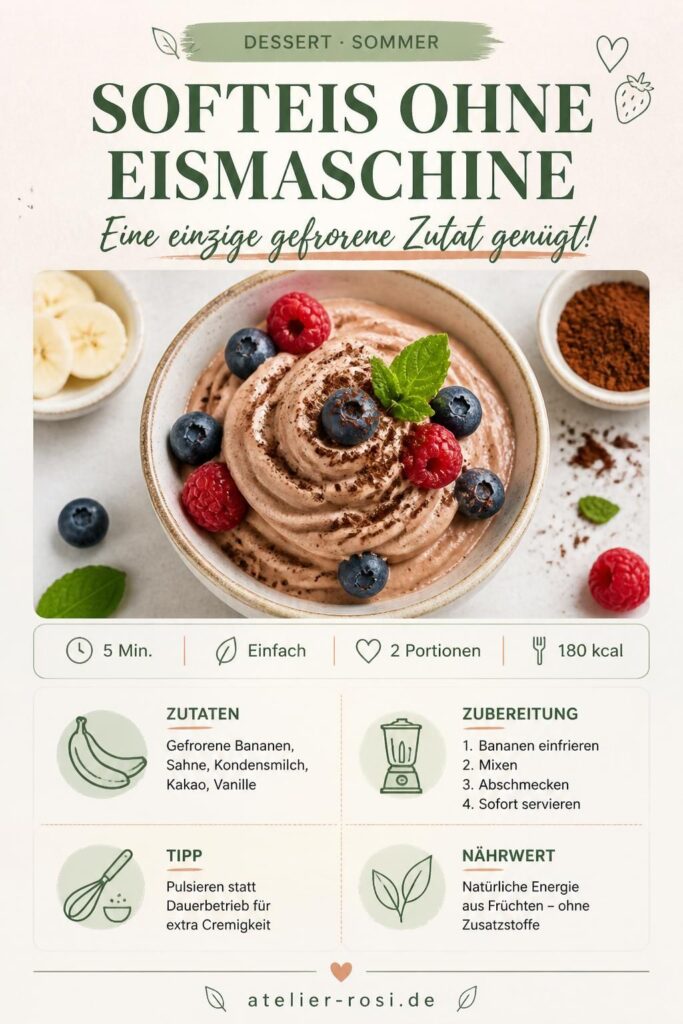 Cremiges Softeis ohne Eismaschine aus gefrorenen Bananen, in einer Waffelwanne mit Beeren