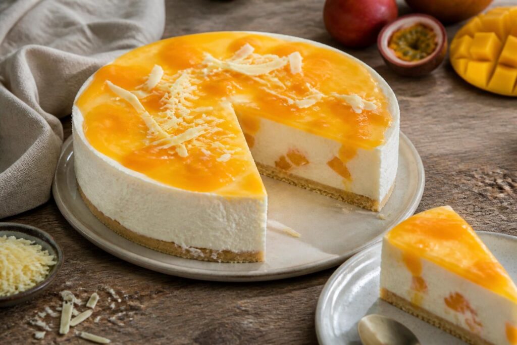 No-Bake Solero-Torte mit Keksboden, cremiger Quark-Sahne-Füllung und Maracuja-Fruchtspiegel, garniert mit frischen Pfirsichscheiben, von oben fotografiert