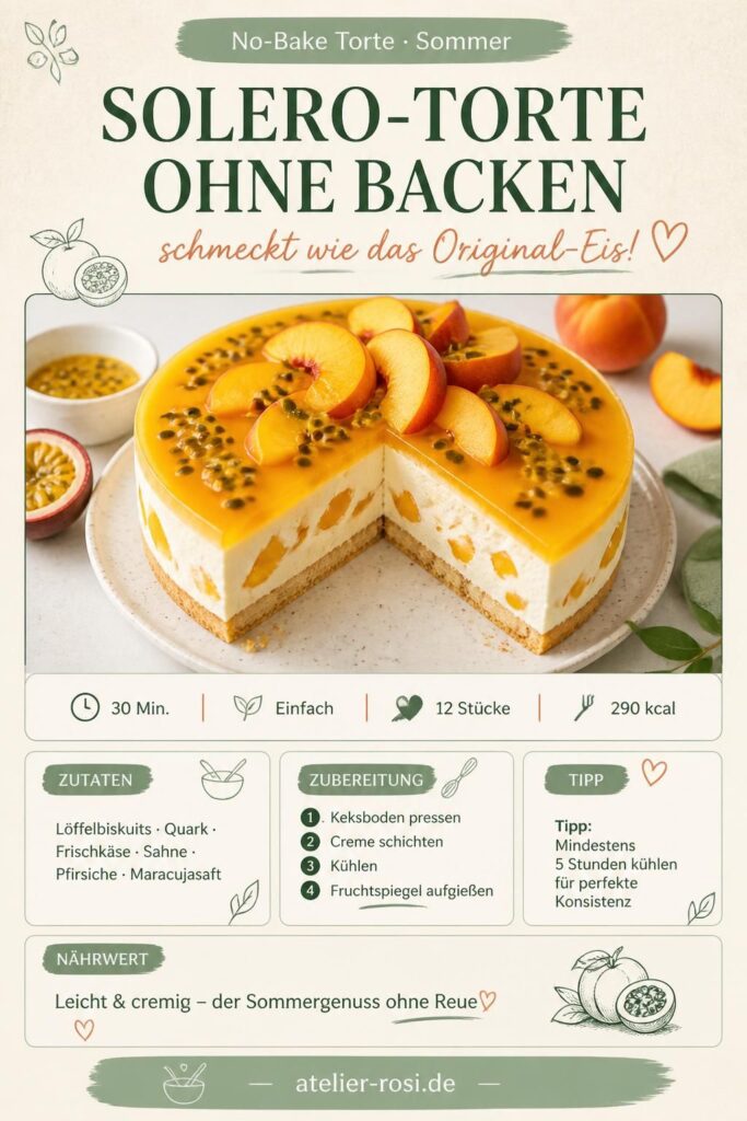 No-Bake Solero-Torte mit Maracuja-Fruchtspiegel und Pfirsichen auf einem Keksboden, von oben fotografiert