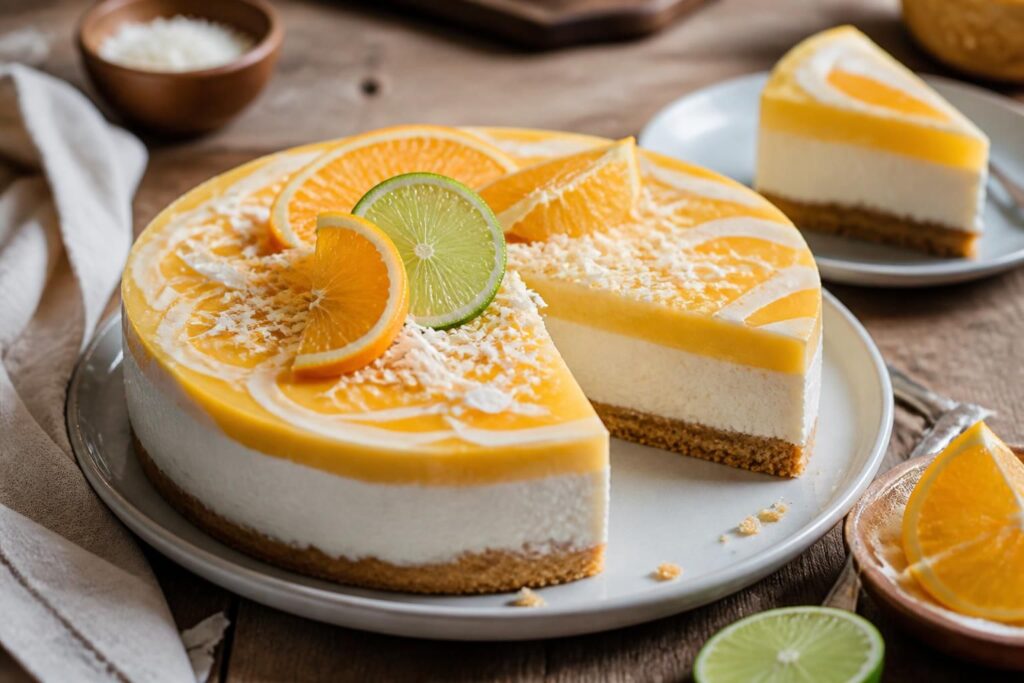 Solero-Torte ohne Backen mit Vanille-Sahne-Creme, Pfirsichscheiben und Maracuja-Fruchtspiegel auf einem Keksboden, angeschnitten auf einer Kaffeetafel