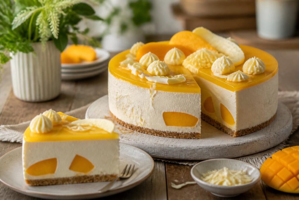 Solero-Torte ohne Backen mit Maracuja-Spiegel, Pfirsichstücken und Kokosraspeln auf einem Keksboden, Draufsicht auf weißem Holztisch