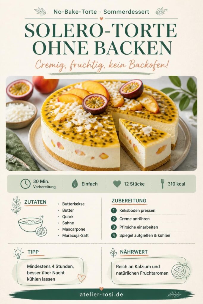 Solero-Torte ohne Backen mit Maracuja-Spiegel und Pfirsichstücken auf einem goldenen Keksboden