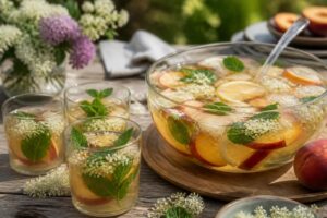 Alkoholfreie Sommer-Bowle mit Holunder und Pfirsich in einer großen Glasschüssel, garniert mit frischer Minze und Eiswürfeln