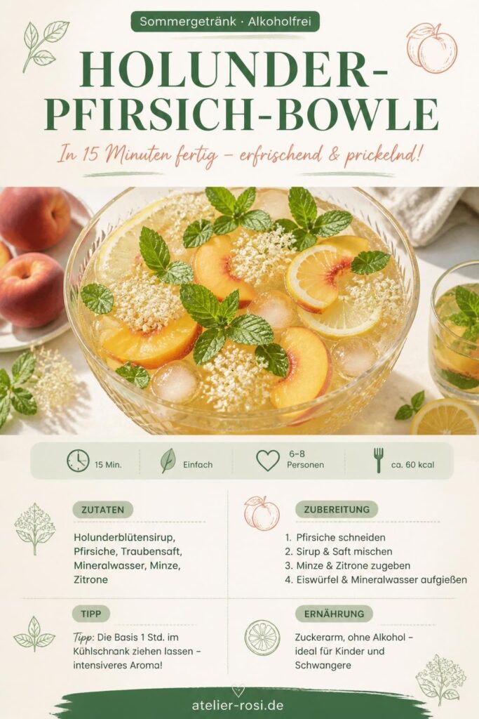 Alkoholfreie Holunder-Pfirsich-Bowle in einer Glasschüssel mit Minze und Eiswürfeln – Pinterest-Rezeptkarte