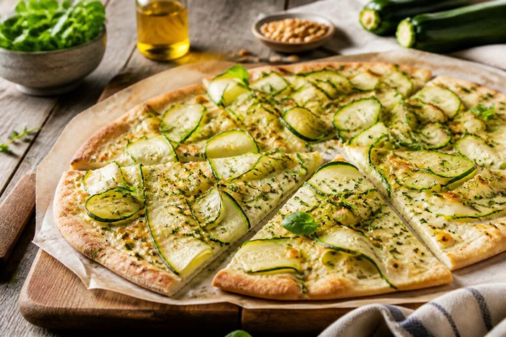 Knuspriger Sommer-Flammkuchen mit Zucchini, Schmand und frischen Kräutern auf einem Holzbrett, frisch aus dem Ofen
