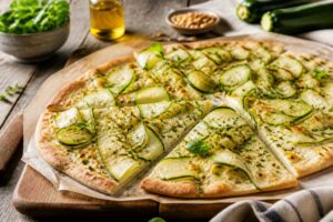 Knuspriger Sommer-Flammkuchen mit Zucchini, Schmand und frischen Kräutern auf einem Holzbrett, frisch aus dem Ofen