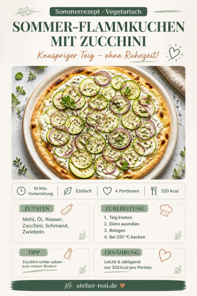 Sommer-Flammkuchen mit Zucchini auf einem Holzbrett, knuspriger Teig ohne Ruhezeit