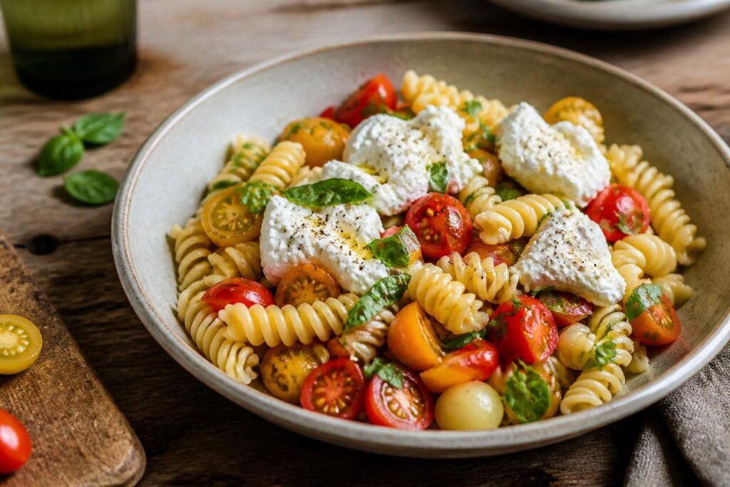 Sommer-Pasta mit Burrata und Kirschtomaten in einer weißen Schüssel, garniert mit frischem Basilikum und Olivenöl