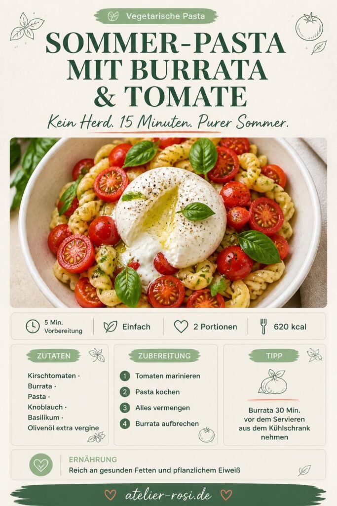 Sommer-Pasta mit Burrata und Kirschtomaten – No-Cook-Rezept in 15 Minuten