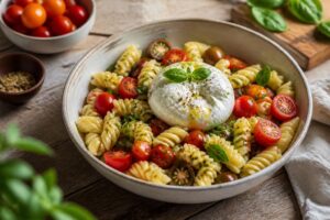 Sommer-Pasta mit Kirschtomaten und Burrata in einer weißen Schüssel, Basilikumblätter und Olivenöl, No-Cook-Rezept