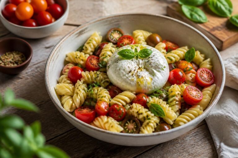 Sommer-Pasta mit Kirschtomaten und Burrata in einer weißen Schüssel, Basilikumblätter und Olivenöl, No-Cook-Rezept
