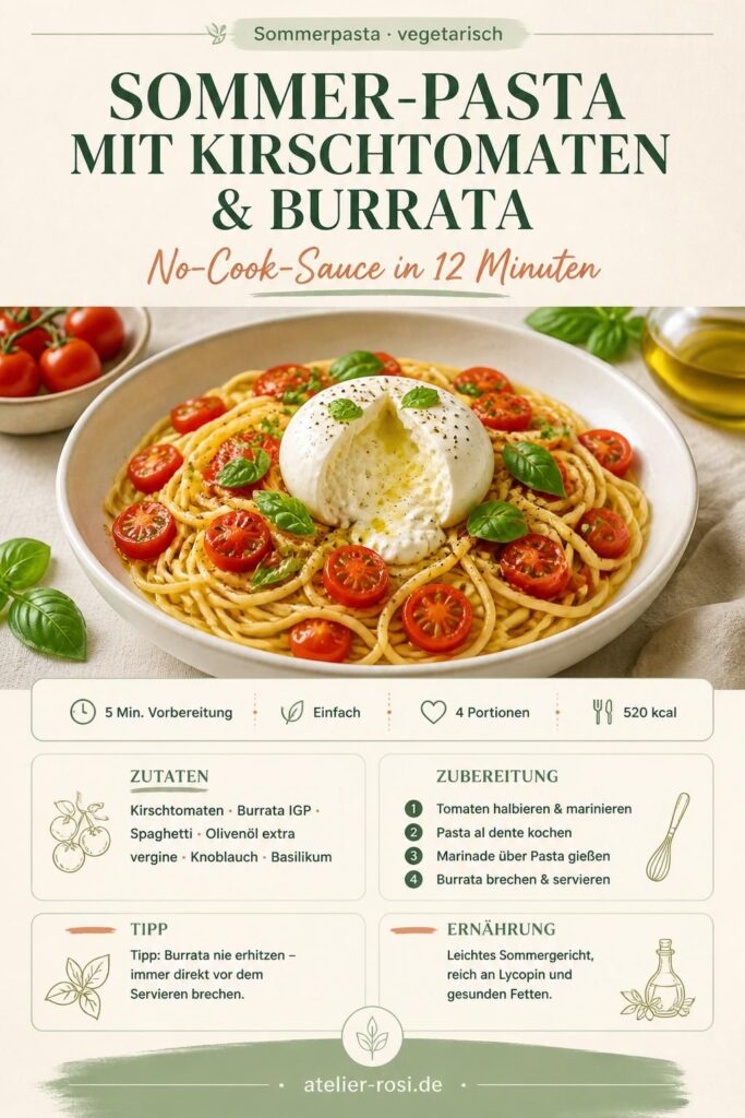 Sommer-Pasta mit Kirschtomaten und Burrata – No-Cook-Rezept, Pinterest-Bild