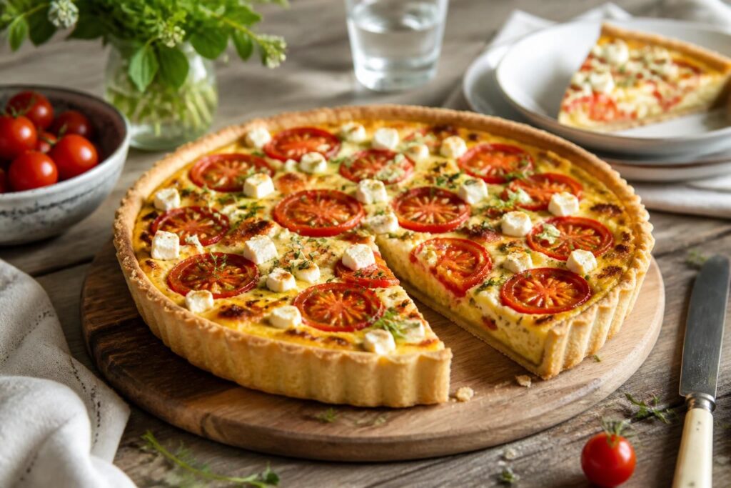 Sommer-Quiche mit Tomaten und Feta auf einem rustikalen Holzbrett, goldbrauner Mürbeteig, frische Basilikumblätter, Cherrytomaten und zerbröckelter Feta sichtbar