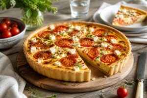 Sommer-Quiche mit Tomaten und Feta auf einem rustikalen Holzbrett, goldbrauner Mürbeteig, frische Basilikumblätter, Cherrytomaten und zerbröckelter Feta sichtbar
