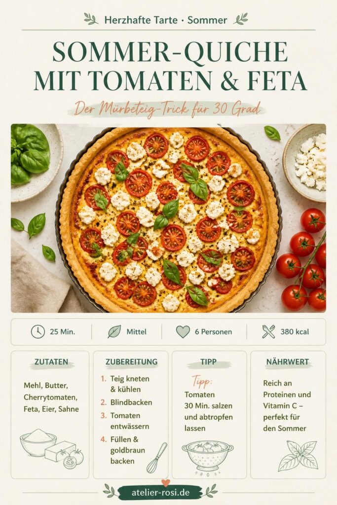 Sommer-Quiche mit Tomaten und Feta – Pinterest-Bild mit Rezeptkarte