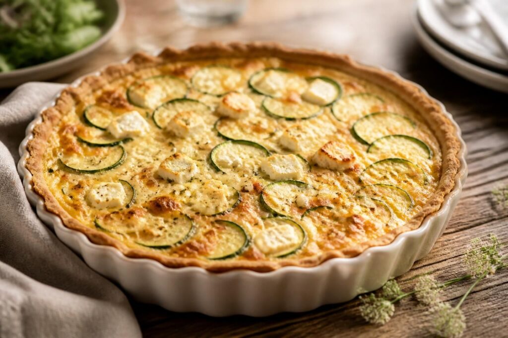 Sommer-Quiche mit Zucchini und Feta auf einem Holzbrett, goldbrauner Mürbeteig-Boden, frische Kräuter als Garnitur