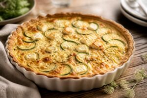 Sommer-Quiche mit Zucchini und Feta auf einem Holzbrett, goldbrauner Mürbeteig-Boden, frische Kräuter als Garnitur