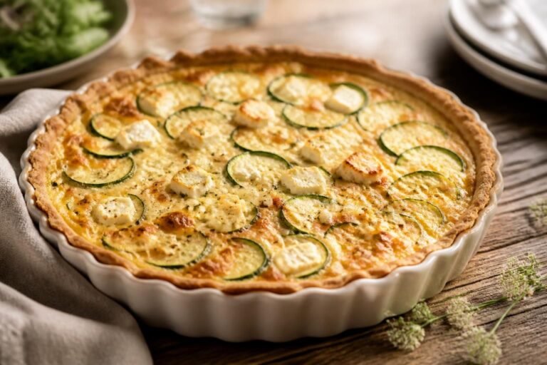 Sommer-Quiche mit Zucchini und Feta auf einem Holzbrett, goldbrauner Mürbeteig-Boden, frische Kräuter als Garnitur