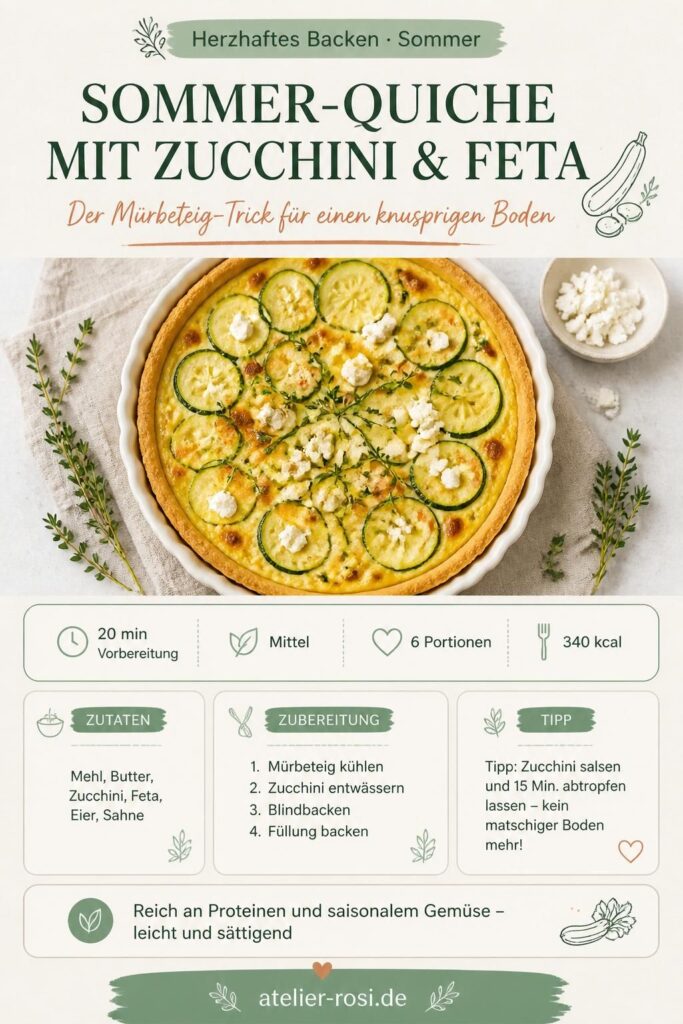 Sommer-Quiche mit Zucchini und Feta, goldbrauner Mürbeteig, Feta und frische Kräuter auf einem Holzbrett