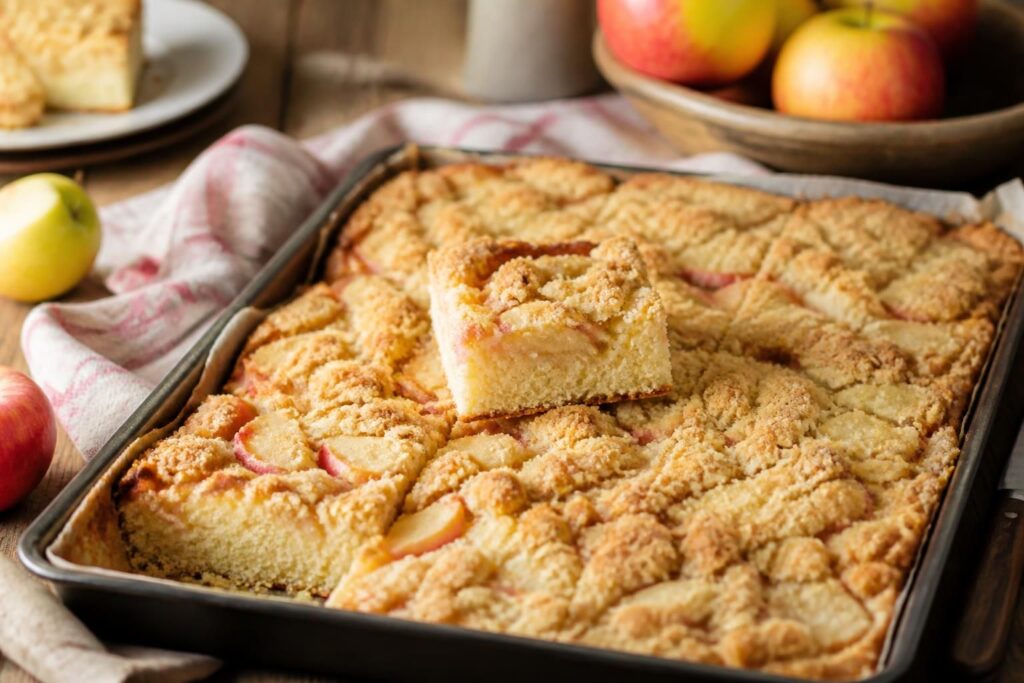 Saftiger Apfel-Streuselkuchen vom Blech mit knusprigen Streuseln und frischen Sommeräpfeln, goldbraun gebacken